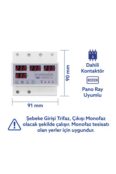 TOMZN Otomatik Faz Seçici ve Yüksek Alçak Voltaj Akım Koruma Rölesi 63A Dahili Kontaktör