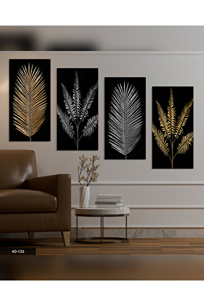 Evinemoda Gold Gümüş Yaprak Desen 4 Parçalı Mdf Tablo