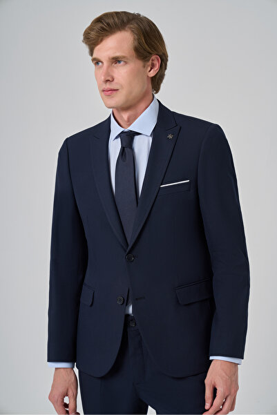 Morven Men's Navy Blue Basic Plain Slim Fit Suit (Shirt, Tie Gift)