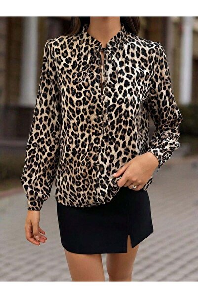 Moda Ebrar Bluză pentru femei cu mânecă lungă și cu șireturi imprimeu leopard