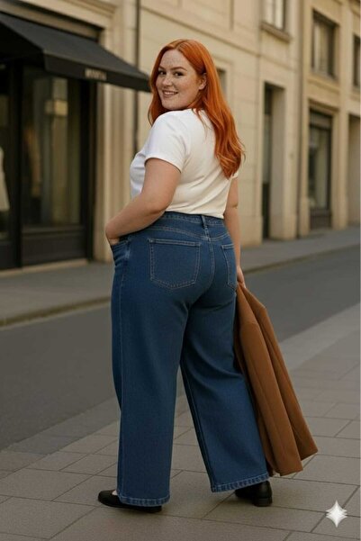 ELONİ New Season - Premium Super Battal High Waist Flexible/Lycra Wide Leg Denim Pants-Medium Blue