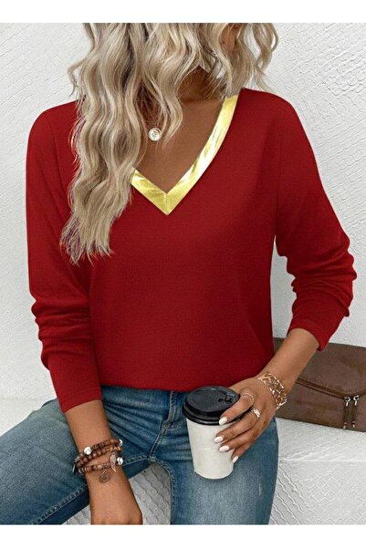 GENCULUS Women's Long Sleeve V Bright Collar Detailed Viscose Blouse