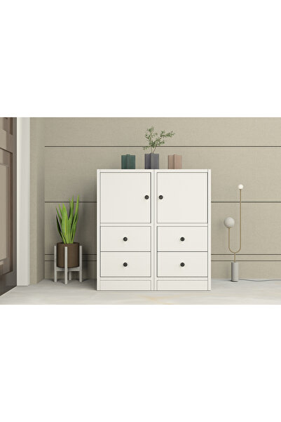 Nettrends Archel 4 Çekmeceli 2 Kapaklı Modern Beyaz Çok Amaçlı Dolap