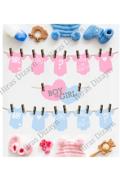 Hiras Dizayn 11 Parça Baby Shower Partisi İpli Banner Kız Mı Erkek Mi Mavi/Pe...