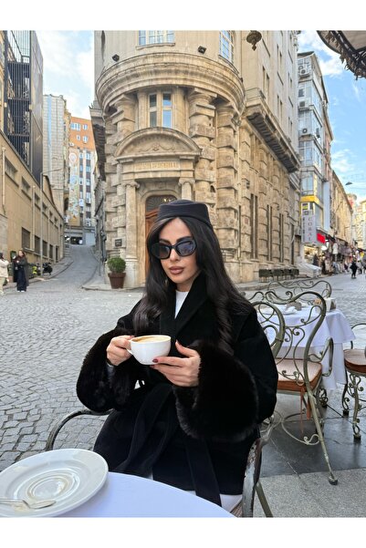 Berf Double-Breasted Collar Belted Cashmere Coat with Fur Detail on the Sleeves