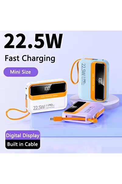 MeK Fine Mini External Battery 20,000 mAh, PD 22.5W, Digital Display, Built-in Lightning and USB-C Cables