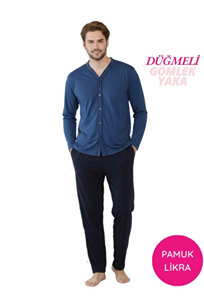 bie's Set de pijamale pentru bărbați, albastru, cu decolteu în V, cu nasturi ...