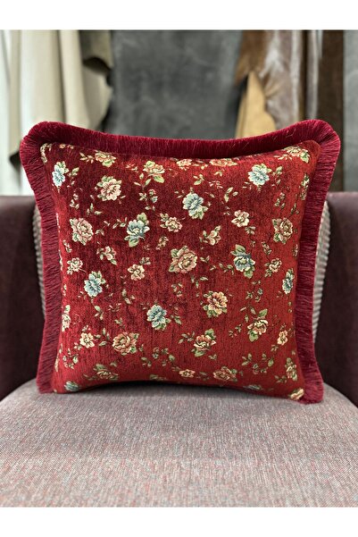 Fabricland Goblen Dokuma Keten Bordo Renk Püsküllü Kırlent Kılıfı 43x43cm