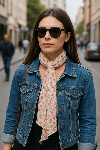 Gönülden Tasarım Mini Çiçekli Tül Kadın Fular Boyun Bağı Pembe