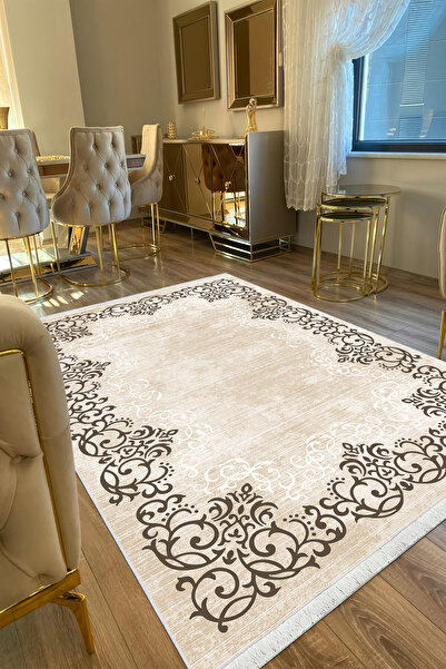 VOPTEKS Krem Yolluk Salon Antre Halısı Makinede Yıkanabilir Halı Kaymaz Taban...