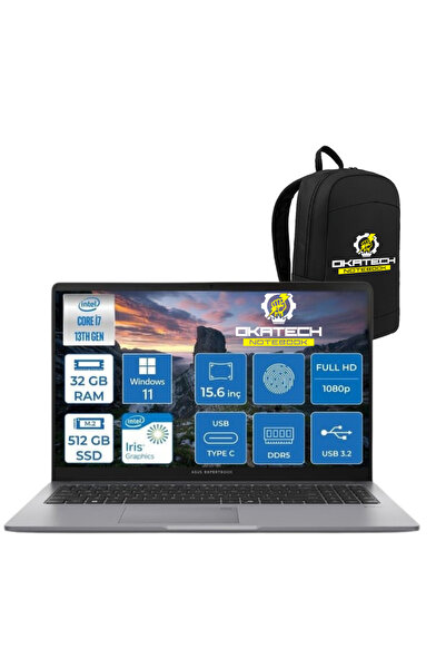 ASUS EXPERTBOOK P1503 INTELCORE I7-13700H 32GB RAM 512GB SSD WİN11 PRO 15.6” ...