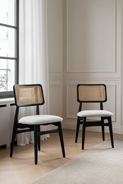 Woodenbend İris Siyah 2’li Ahşap Natural Hazeranlı Sandalye – Modern İskandin...