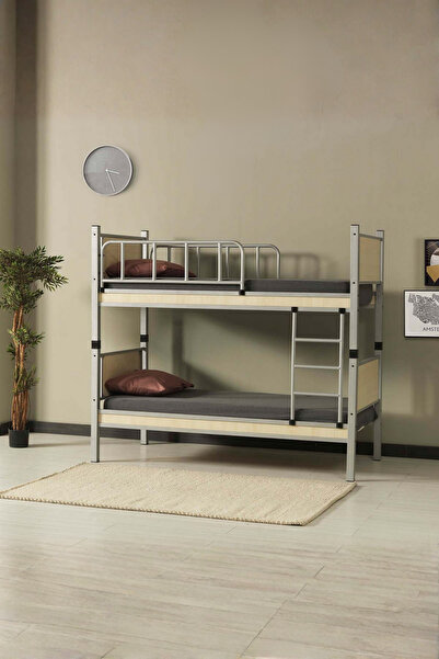 ARGİMO Yurt Genç Çocuk Odası Metal Ahşap Ranza Ve Karyola 90x200 Gri