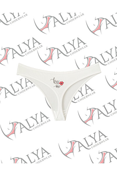 ALYA UNDERWEAR New Year Themed Printed String, White Thong Panties (Kiss Me Printed) Single Pack