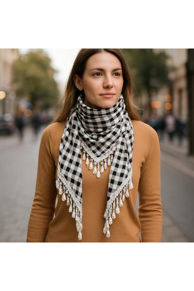 Gönülden Tasarım Eșarfă cu ciucuri în carouri MĂRIME STANDARD Albă