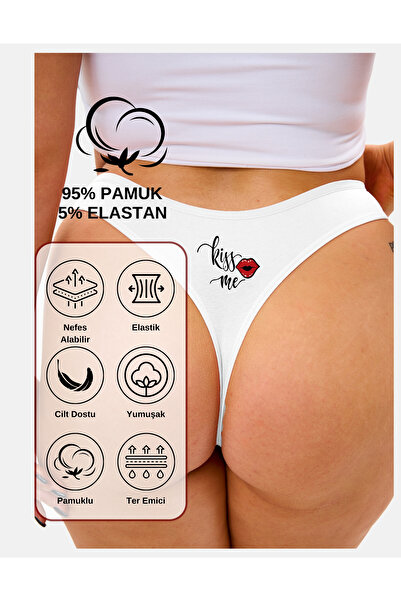ALYA UNDERWEAR New Year Themed Printed String, White Thong Panties (Kiss Me Printed) Single Pack