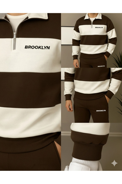woonkey Men's Thick Striped Tracksuit Set Brooklyn Printed 3-Thread Cotton Set