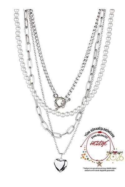 Klips Concept Kalp Detay İnci Çoklu Zincir Kolye Set