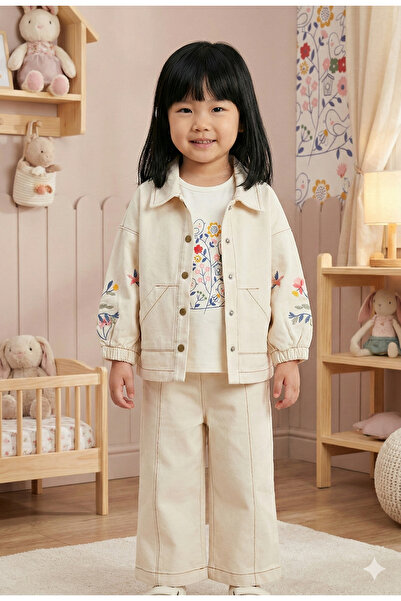Mini Baray Kız Çocuk Çiçek Nakışlı Ceket ve Pantolon 3'lü Takım (2-3-4-5 Yaş)