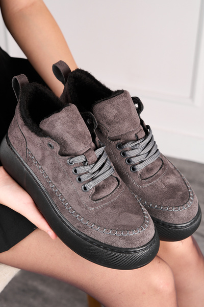 Nstil Сірі замшеві легкі ботильйони - висока товста підошва, овальний носок з хутром, шнурівка, жіночі ботильйони на щодень 1701