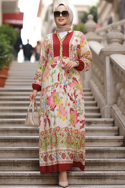 N.S NEVA STYLE Rochie Hijab Burgundy cu Motive Florale 24012BR