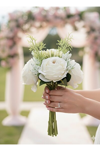YAPAY ÇİÇEK DERYASI Beyaz Gül Buketi Aranjmanlı Gelin Eli Buketi Nikah Kına S...
