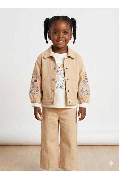 Mini Baray 3-компонентен комплект за момичета с бродерия с цветя - сако и пан...