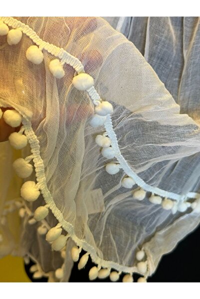 Gönülden Tasarım 30X150 Cm Pompom Bürümcük Țesătură Femei Fular Cravată Albă