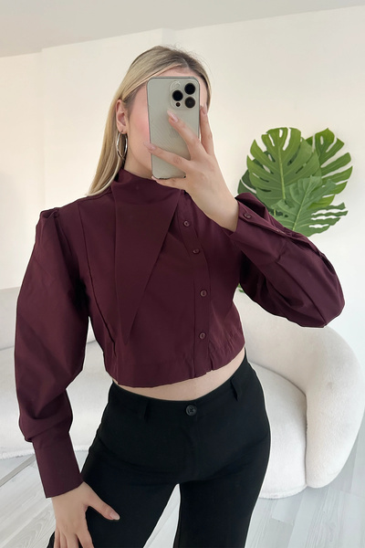 VİSKALİ Asimetrik Yaka Poplin Bordo Gömlek