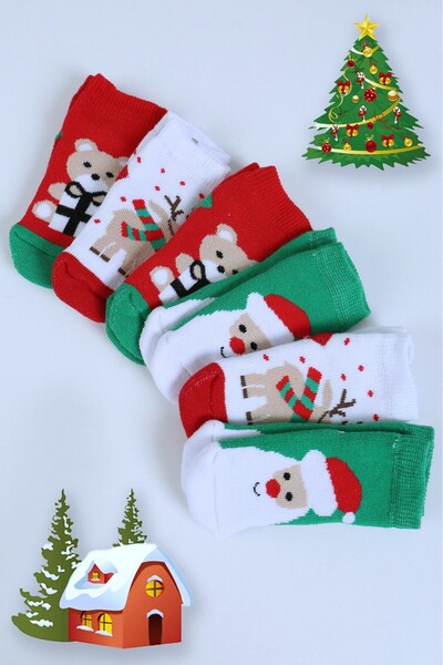 Baby Shez Pamuklu 6'lı Yılbaşı Noel Baba Kışlık Havlu Yenidoğan Bebek Çorap