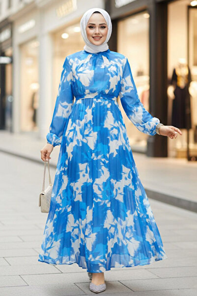 Neva Style Rochie hijab albastru indigo cu modele florale 344602 IM