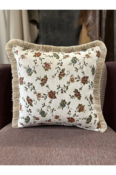 Fabricland Goblen Dokuma Keten Krem Renk Püsküllü Kırlent Kılıfı 43x43cm