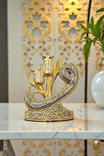 Güncel Vitrin Zirkon Taşlı Vav İçi Lale Lafızlar Dekoratif Biblo 22*25 cm