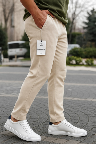 MAN&TARZ بنطال رياضي من الليكرا البيج للرجال