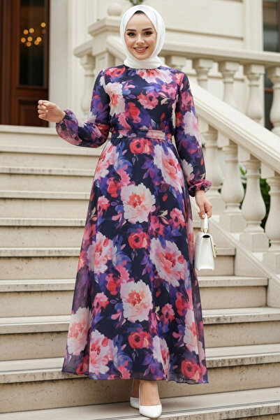 Neva Style Φόρεμα Hijab με σχέδιο λουλουδιών Navy Blue 27983L
