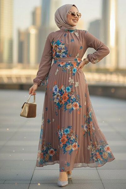 Neva Style Φόρεμα Τεσέτουρ με Λουλούδια σε Σκούρο Μινκ 34468KV