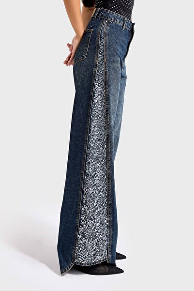 its basic Γυναικείο Τζιν Χρώμα 2w49 Γυαλιστερή πέτρα με λεπτομέρεια τζιν με φαρδύ πόδι