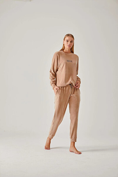 Pamuk & Pamuk Βελούδινο Γυναικείο Σετ Πυτζάμες - Μπεζ Wild Stone Printed