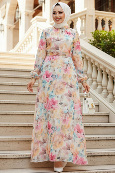 Neva Style Κίτρινο Φόρεμα Hijab με σχέδιο λουλουδιών 27984SR