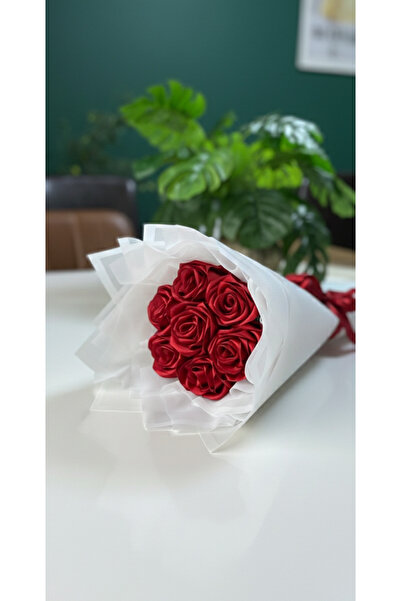 Buketim Seninle 7'li Kırmızı Solmayan Gül Buketi, Saten Kurdele Gül, Sevgiliy...