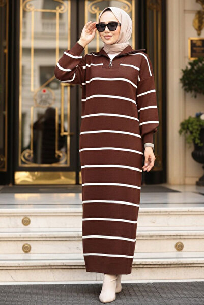 N.S NEVA STYLE Ριγέ Καφέ Τρικοτόφικο Φόρεμα 17206KH