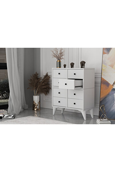 Nettrends Ayaklı Sekiz Çekmeceli Beyaz Şifonyer Çıtasız Şfn-1077-ç