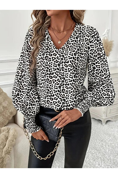 NİDAM BUTİK MDB Жіноча блузка з довгими рукавами, V-подібним вирізом, рукавам...