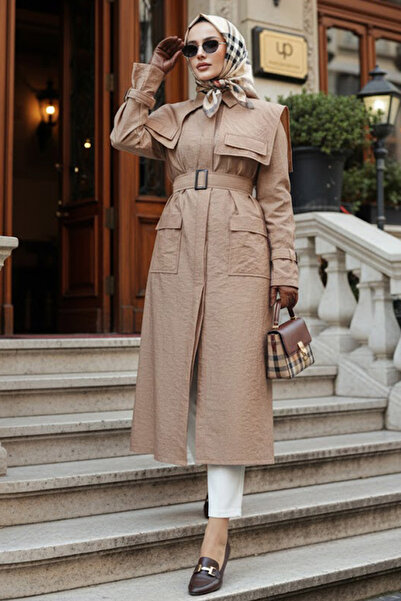 Neva Style Camel Hijab Trench Coat - Sailor Collar Detail, Model 19023C
