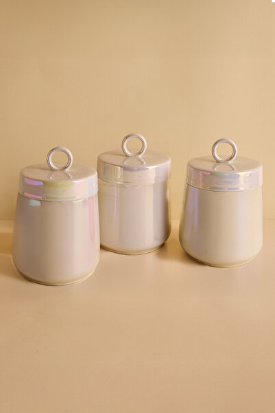 Perotti Luca Luster 3'lü Ergonomik Yuvarlak Kapaklı Porselen Sedefli Kavanoz ...