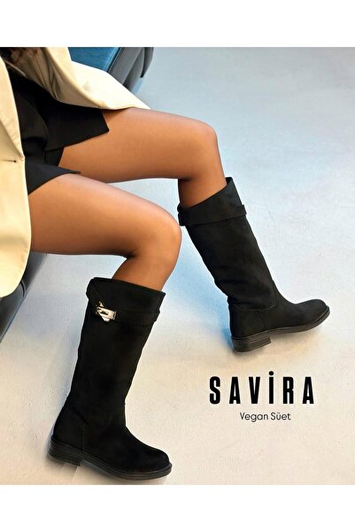 Zuum حذاء نسائي من سافيرا بطول الركبة مع إكسسوارات - جلد سويدي أسود