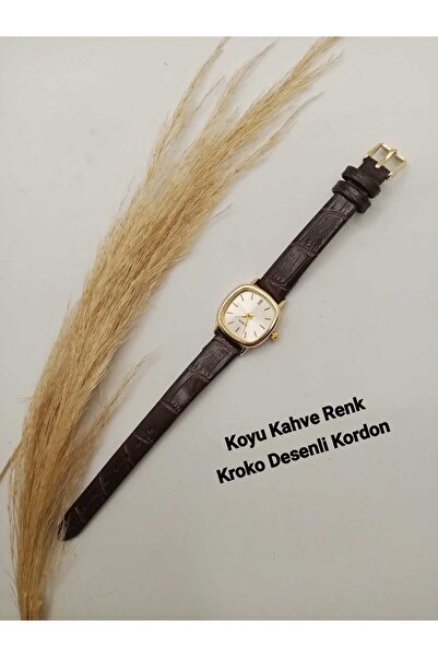 QUARTZ ساعة يد نسائية مينيمال ذات إطار مربع عتيق ومينا أبيض ولون بني داكن وحز...