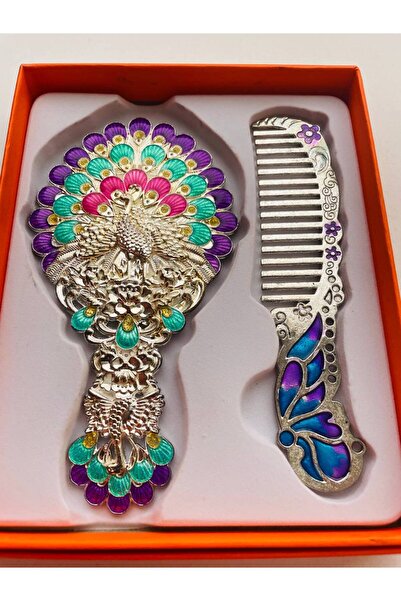 GALATA GIFT Hediyelik Ayna Tarak Seti, Çiçekli, Metal,