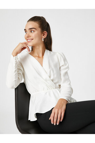 Koton Stilvolle Bluse mit langen Ärmeln, V-Ausschnitt und elastischem Bund