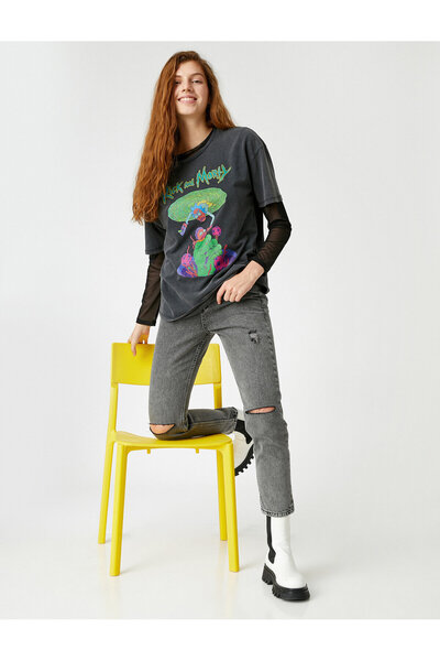 Koton Blugi rupti cu șnur cu talie înaltă - Mom Jean